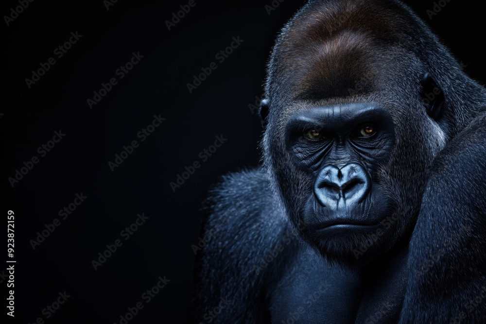 Photo of a gorilla isolated against a black background, emphasising the gorilla's majestic features. Wildlife and conservation concept, space for copy. Photo of a gorilla isolated against a black background, emphasising the gorilla's majestic features. Wildlife and conservation concept, space for copy.