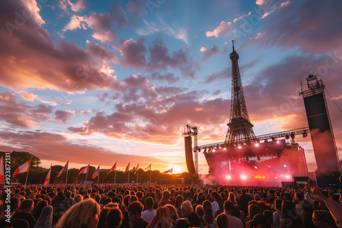 Concert crowd enjoys live music at sunset near the Eiffel Tower with French flags in the foreground