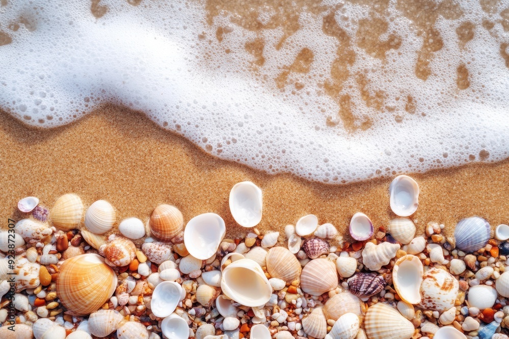 Seashells the foamy seashore on sunny beach