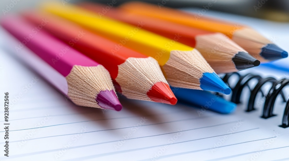 Obraz premium Close-up of Colorful Pencils on a Spiral Notebook A Vibrant Perspective of Creativity and Inspiration