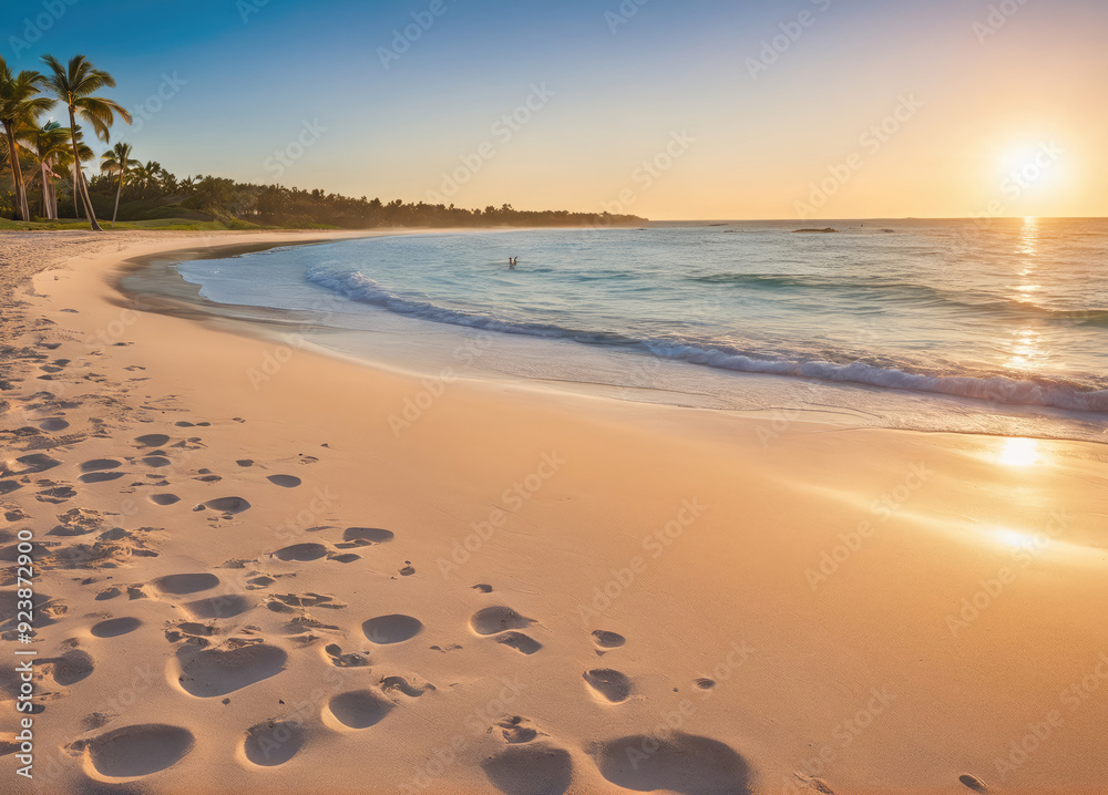 Sunset Over Serene Beach With Gentle Waves and Footprints in Sand Sunset Over Serene Beach With Gentle Waves and Footprints in Sand