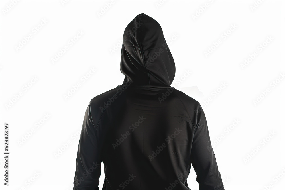 Mysterious person in a black hoodie facing away from the camera, isolated on a white background. Mysterious person in a black hoodie facing away from the camera, isolated on a white background.