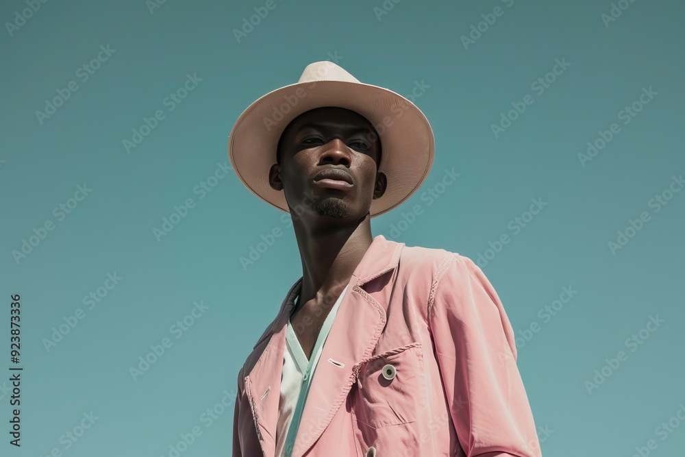 Fashion-forward African American man in a pink shirt and white hat posing under a clear blue sky, epitome of style and confidence. Fashion-forward African American man in a pink shirt and white hat posing under a clear blue sky, epitome of style and confidence.