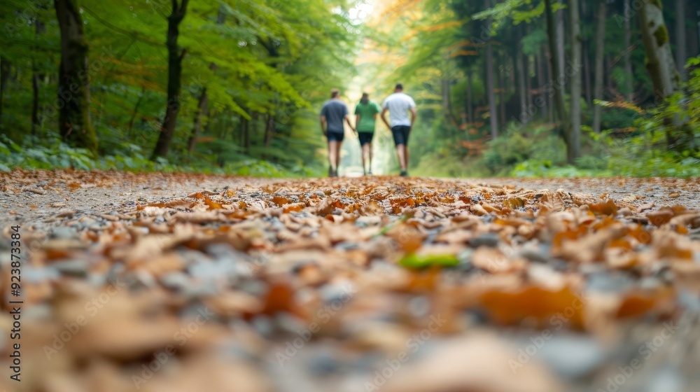 Fototapeta premium Three people are walking in a forest