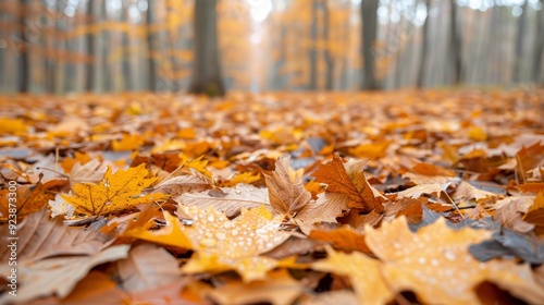 A forest floor covered in autumn leaves