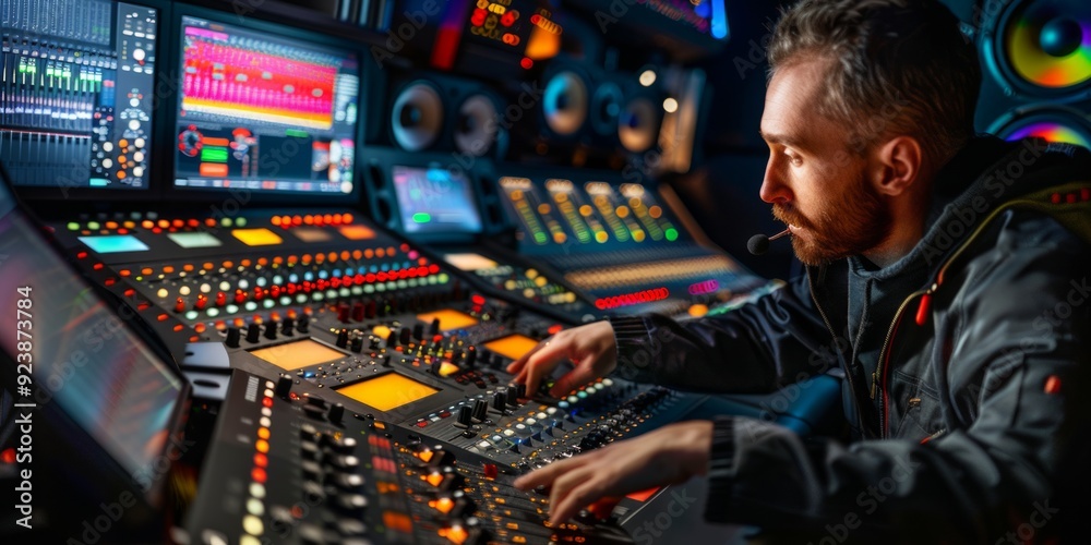 Sound Engineer Working at a Mixing Console in a Recording Studio Sound Engineer Working at a Mixing Console in a Recording Studio