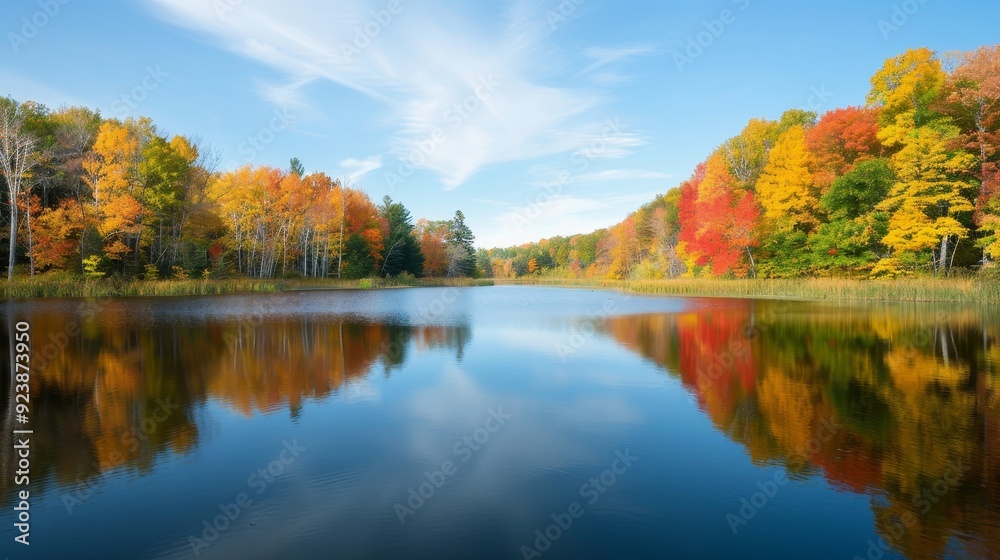 Fototapeta premium A beautiful lake with a blue sky and trees in the background
