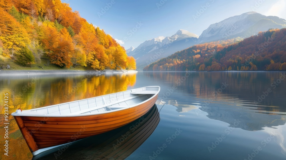 A small boat sits in a lake surrounded by trees A small boat sits in a lake surrounded by trees