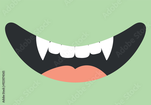 Cartoon smiling mouth of a green monster. Monster smile with fangs. Cute childish style. Vector illustration