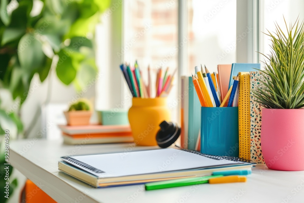 Cropped shot of trendy workspace with books, designer supplies and copy space on white table , ai Cropped shot of trendy workspace with books, designer supplies and copy space on white table , ai