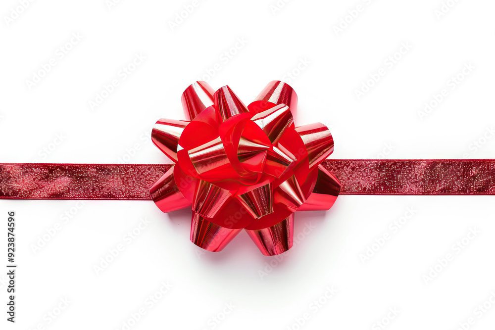 Shiny red gift bow with ribbon isolated on white, perfect for holiday packaging and decoration themes. Shiny red gift bow with ribbon isolated on white, perfect for holiday packaging and decoration themes.