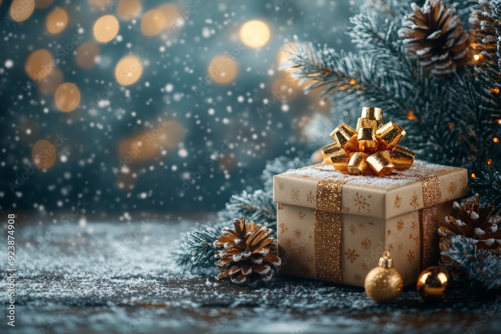 Frosted Christmas gifts adorned with gold accents and pine cones, nestled under a snowy Christmas tree, creating a cozy holiday scene with warm golden lights in the background.