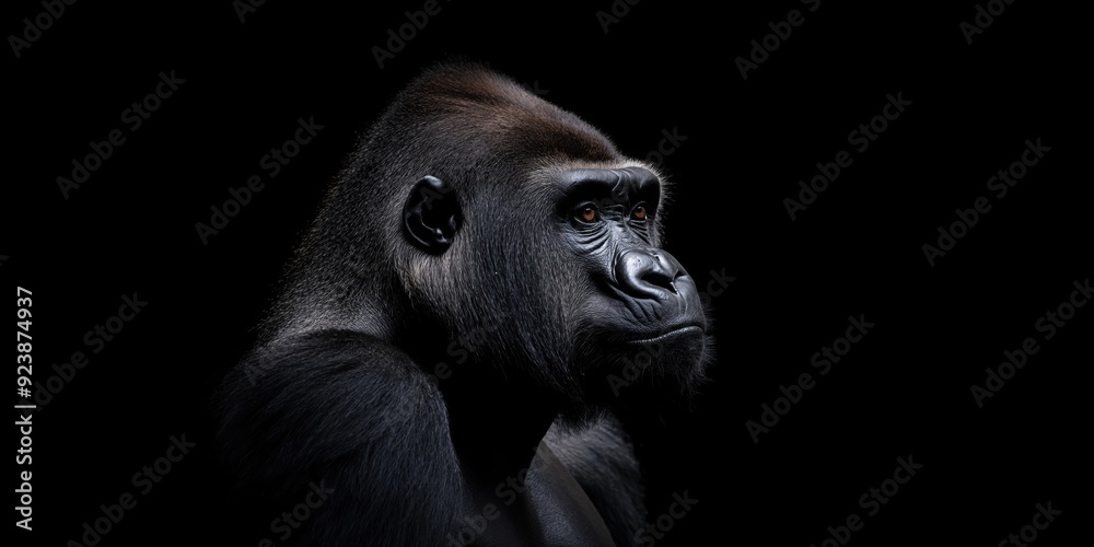 Obraz premium Photo of a gorilla isolated against a black background, emphasising the gorilla's majestic features. Wildlife and conservation concept, space for copy.