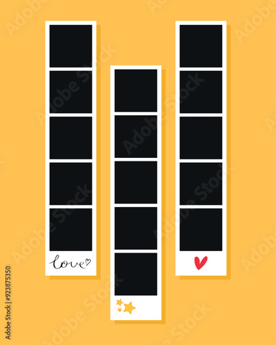 Photo booth picture frames set. Photo strips decorated with red heart, stars and word Love. Vector illustration