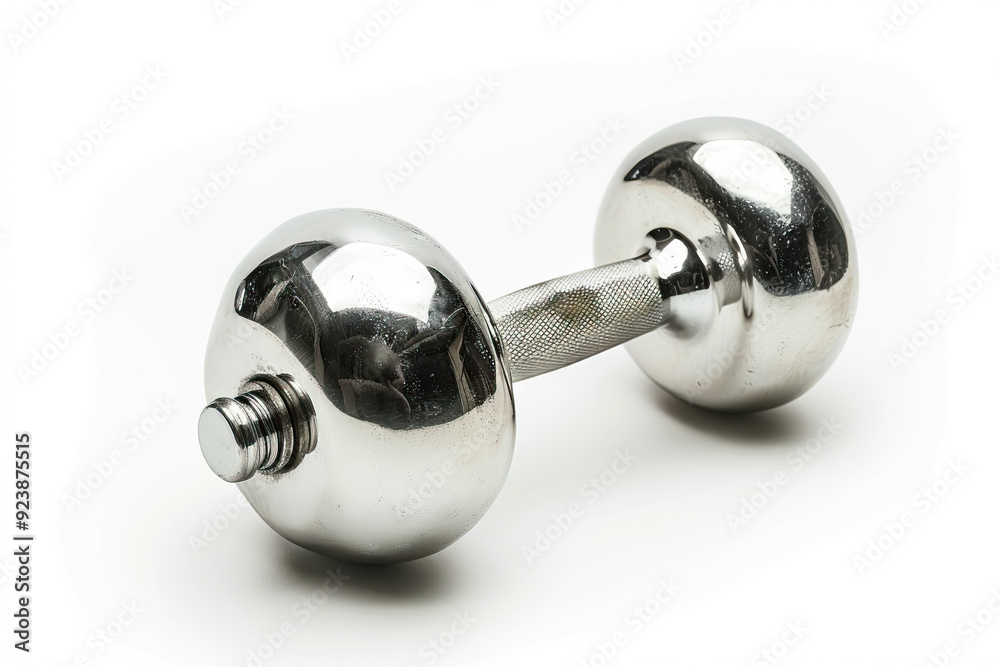 Shiny chrome dumbbell isolated on a white background, reflecting elegance and modern fitness equipment Shiny chrome dumbbell isolated on a white background, reflecting elegance and modern fitness equipment