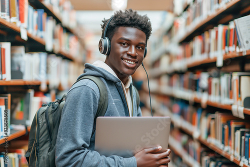 Young male student with laptop and headphones smiling in a bookstore