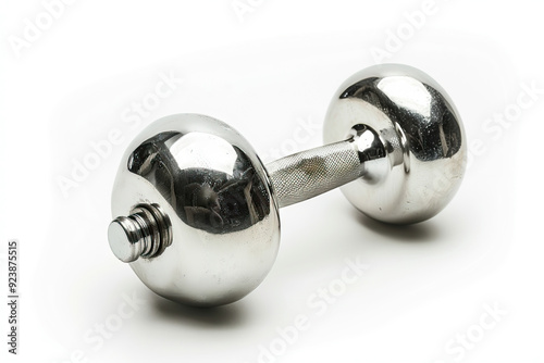 Shiny chrome dumbbell isolated on a white background, reflecting elegance and modern fitness equipment