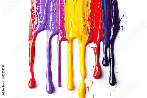 Vivid streaks of multicolored paint dripping down on a pure white background, symbolizing creativity and art. photo