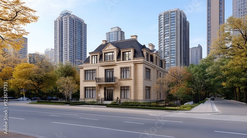 A stunning European-style villa features intricate details and a beige facade, situated in a bustling urban area of Shanghai under a clear blue sky