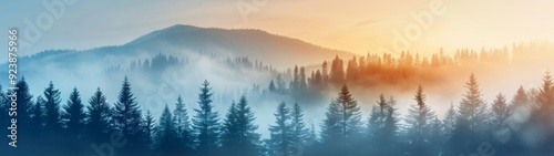 Digital artwork of a coniferous mountain exhaling under a vibrant sunset sky, featuring colorful brushstrokes, minimalist backdrop, and an open, serene atmosphere photo