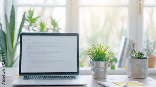 A laptop is open on a desk with a potted plant and a stack of books