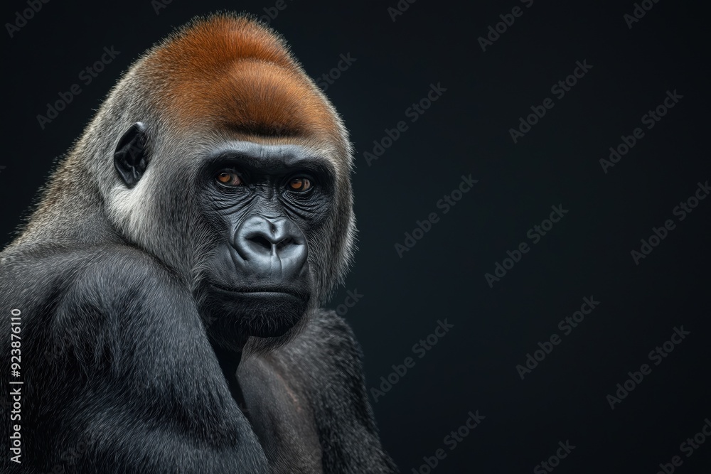 Photo of a gorilla isolated against a black background, emphasising the gorilla's majestic features. Wildlife and conservation concept, space for copy. Photo of a gorilla isolated against a black background, emphasising the gorilla's majestic features. Wildlife and conservation concept, space for copy.