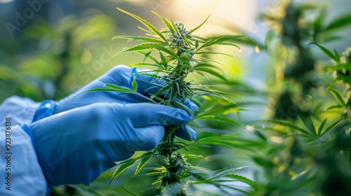 Close up of a scientist gloved hands holding a hemp plant focus on herbal alternative medicine