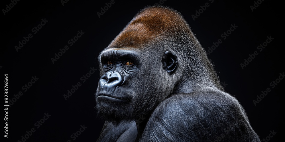 Obraz premium Photo of a gorilla isolated against a black background, emphasising the gorilla's majestic features. Wildlife and conservation concept, space for copy.
