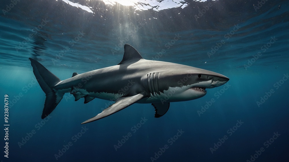 Majestic Great White Shark Swimming Gracefully Under Clear Blue Ocean Water Majestic Great White Shark Swimming Gracefully Under Clear Blue Ocean Water