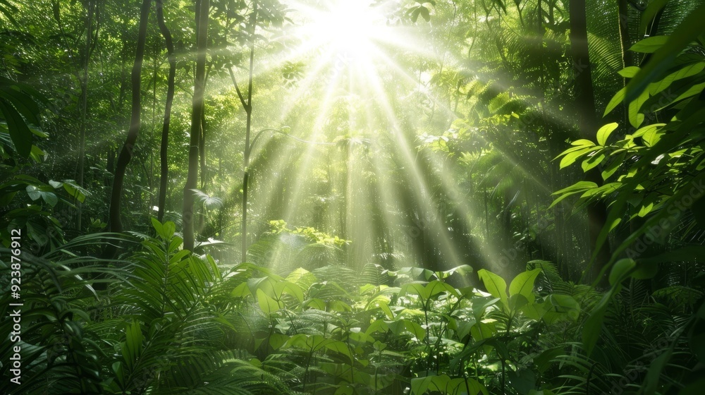 Fototapeta premium A bright sun shining through the trees in a lush green forest
