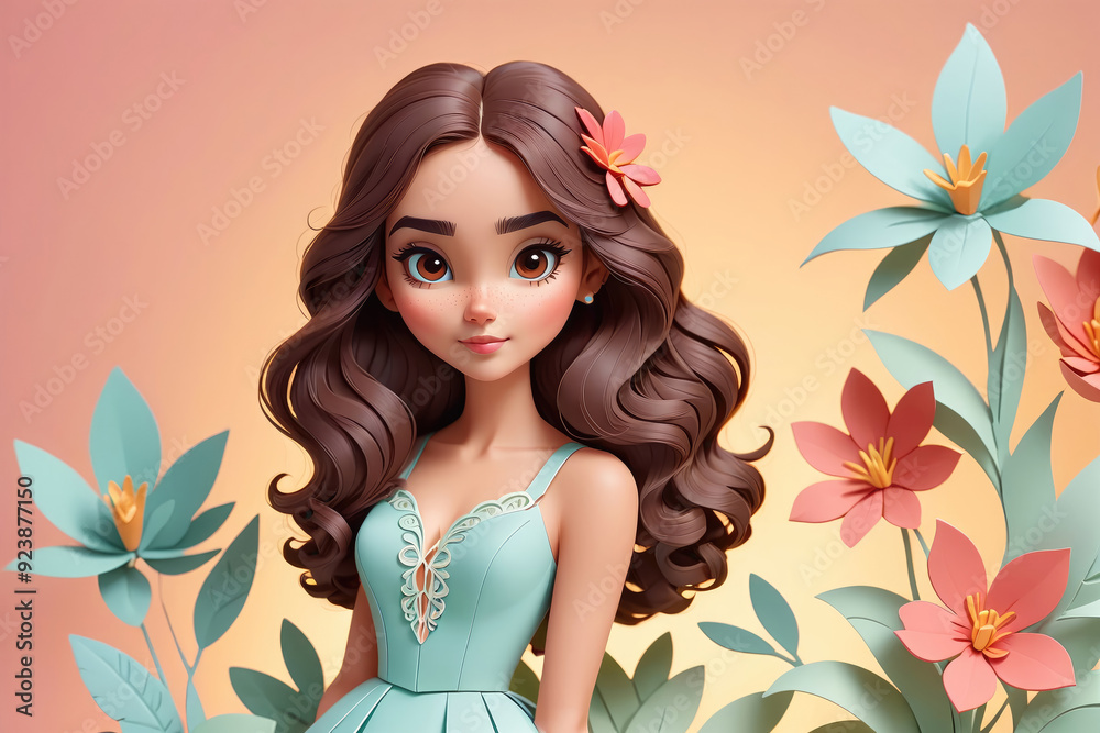 A Young Girl in a Light Blue Dress Surrounded by Colorful Flowers at Sunset A Young Girl in a Light Blue Dress Surrounded by Colorful Flowers at Sunset