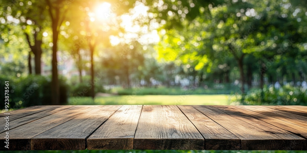 Empty wood table top and blurred green tree in the park garden background - can used for display or montage your products, ai Empty wood table top and blurred green tree in the park garden background - can used for display or montage your products, ai