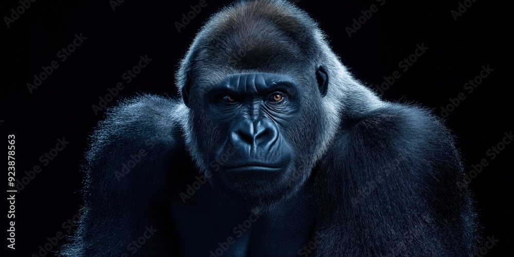 Obraz premium Photo of a gorilla isolated against a black background, emphasising the gorilla's majestic features. Wildlife and conservation concept, space for copy.
