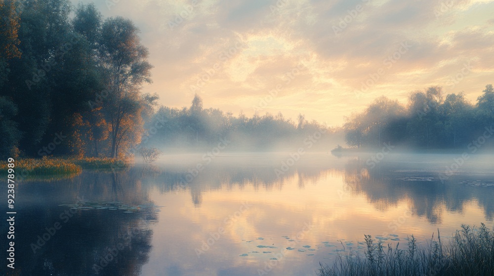 beautiful sunrise on a lake surrounded by forest with fog beautiful sunrise on a lake surrounded by forest with fog