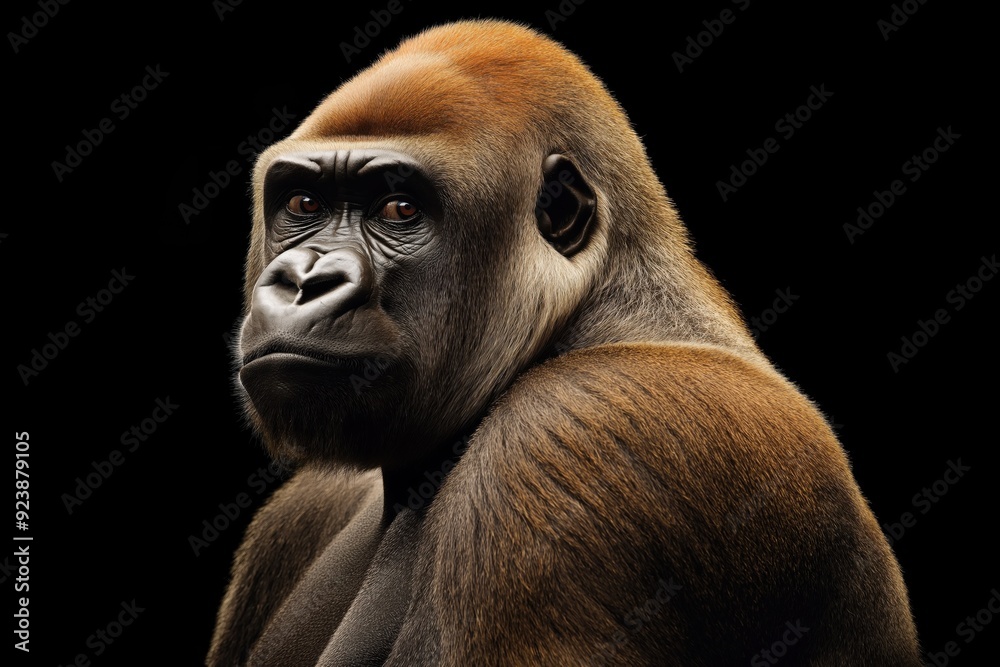 Obraz premium Photo of a gorilla isolated against a black background, emphasising the gorilla's majestic features. Wildlife and conservation concept, space for copy.