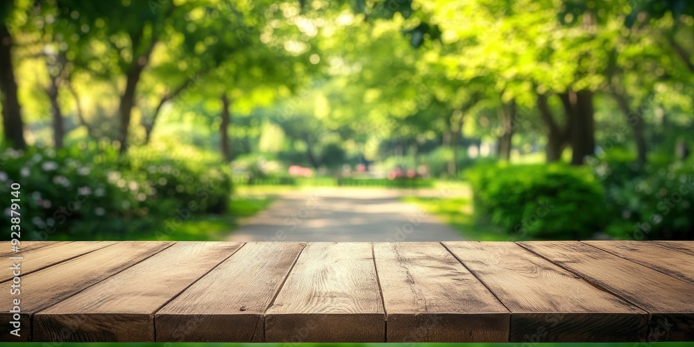 Empty wood table top and blurred green tree in the park garden background - can used for display or montage your products, ai Empty wood table top and blurred green tree in the park garden background - can used for display or montage your products, ai