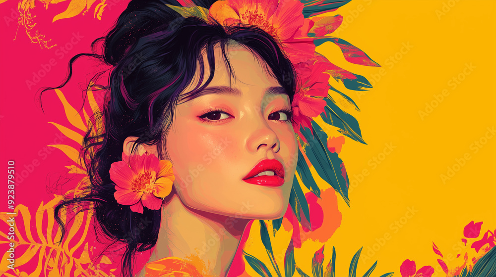 A photo portrait illustration art style retro Asian woman with a smile, on the vibrant color background A photo portrait illustration art style retro Asian woman with a smile, on the vibrant color background