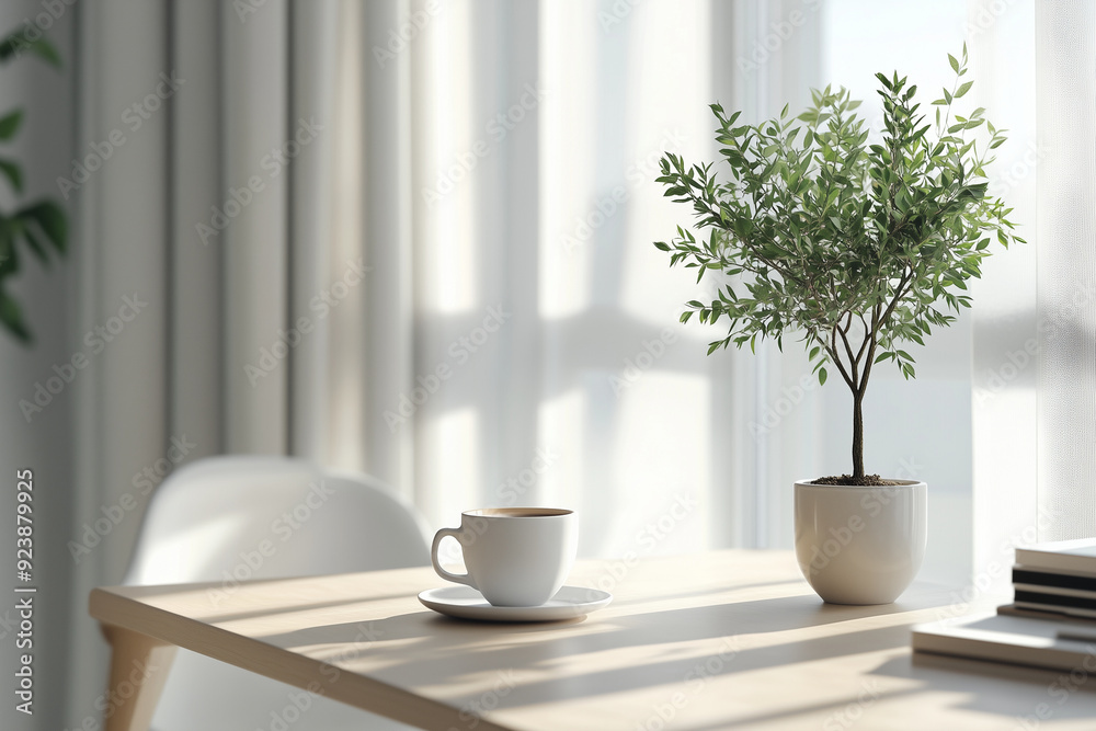 Elegant Nordic Home Office with Modern Pot Tree and Coffee with relax home environment Elegant Nordic Home Office with Modern Pot Tree and Coffee with relax home environment