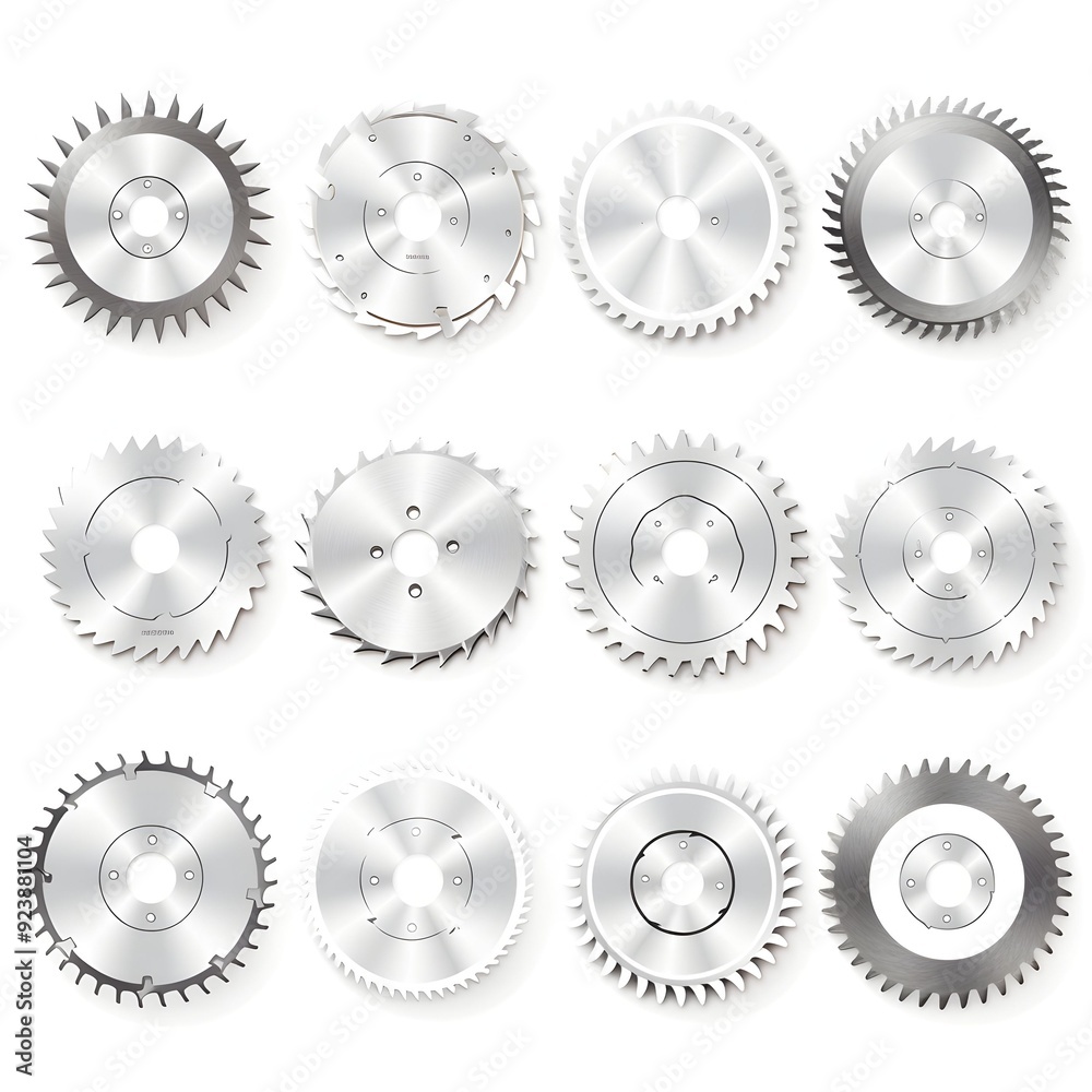 Assortment of Diverse Metallic Saw Blades on Clean White Background Assortment of Diverse Metallic Saw Blades on Clean White Background