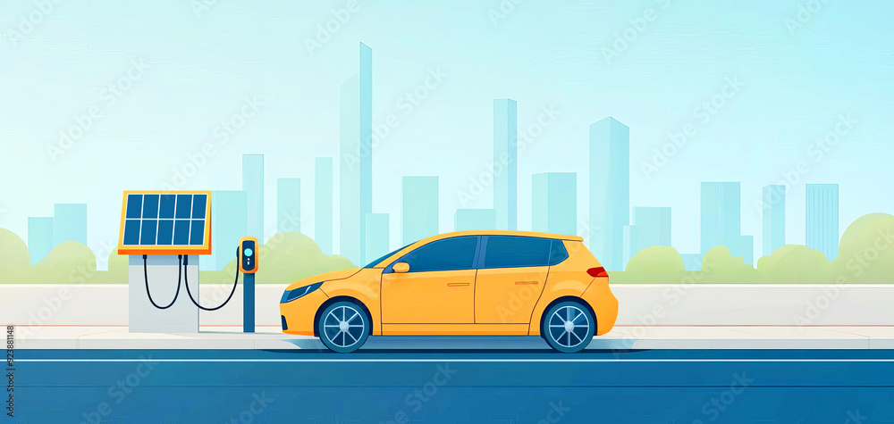 Naklejka premium An electric vehicle charging station powered by solar panels integrated into the city infrastructure, save the world, sustainable mobility