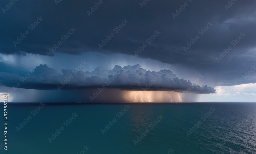 Naklejka premium Dramatic Lightning Storm Over Calm Ocean Waters Just Before Dusk