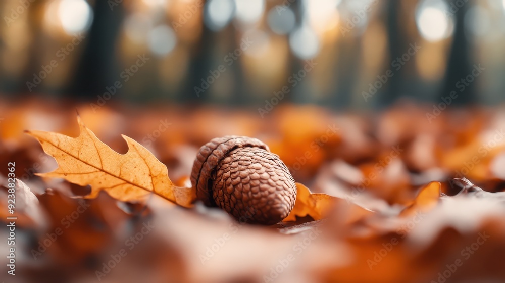 A close-up of a single acorn resting on vibrant orange and brown autumn leaves, symbolizing growth and the changing seasons, captured beautifully in natural light. A close-up of a single acorn resting on vibrant orange and brown autumn leaves, symbolizing growth and the changing seasons, captured beautifully in natural light.