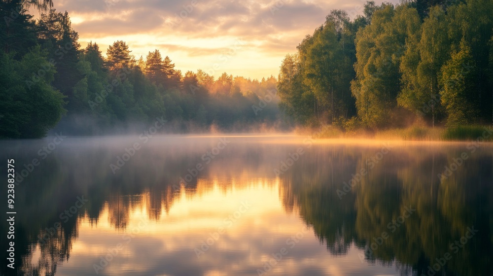 beautiful sunrise on a lake surrounded by forest with fog beautiful sunrise on a lake surrounded by forest with fog