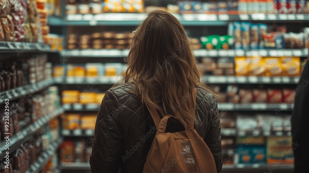 A woman browsing grocery shelves in a well-stocked supermarket during the day A woman browsing grocery shelves in a well-stocked supermarket during the day