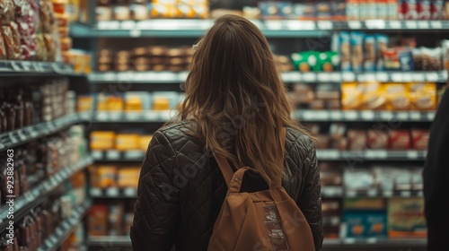 A woman browsing grocery shelves in a well-stocked supermarket during the day