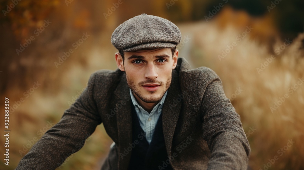 Handsome french country young man in traditional woolen blazer and cap riding a bike on autumn rural trail backgrounds. Handsome french country young man in traditional woolen blazer and cap riding a bike on autumn rural trail backgrounds.