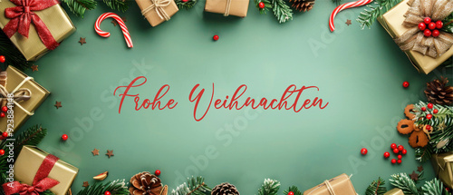 Frohe Weihnachten, Winter, Fest, Feier, Urlaub, Grußkarte, Geschenke, dekorierter weihnachtlicher Rahmen isoliert auf grünem Hintergrund mit Text