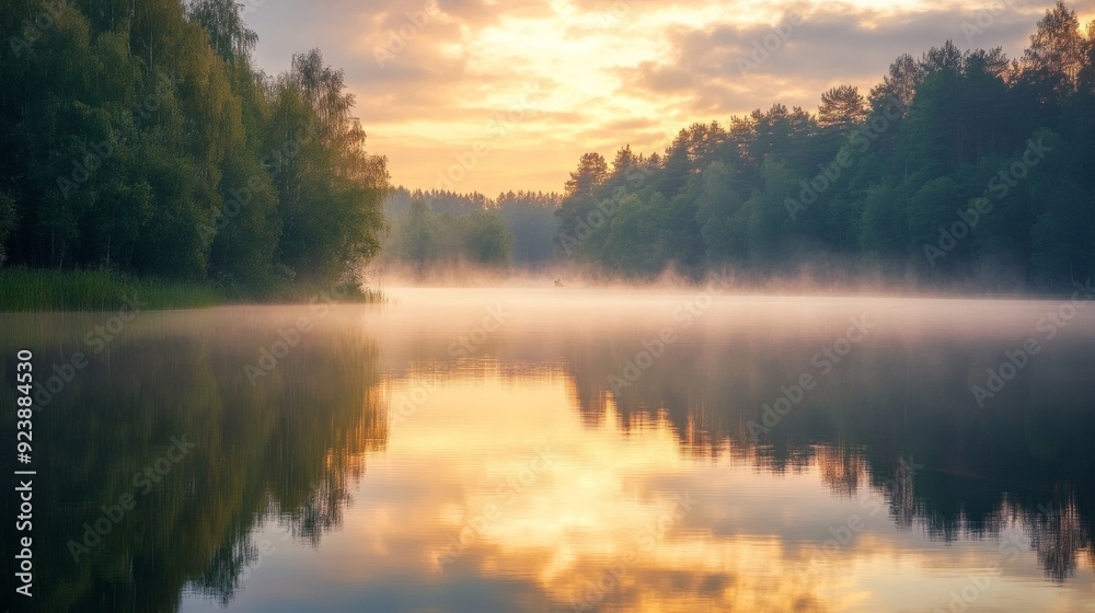 beautiful sunrise on a lake surrounded by forest with fog beautiful sunrise on a lake surrounded by forest with fog