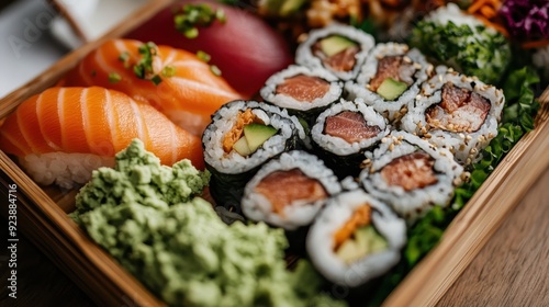 A neatly arranged box of sushi featuring fresh salmon and tuna sashimi, maki rolls with avocado and fish, surrounded by wasabi, garnishes, and soy sauce for a complete meal experience.