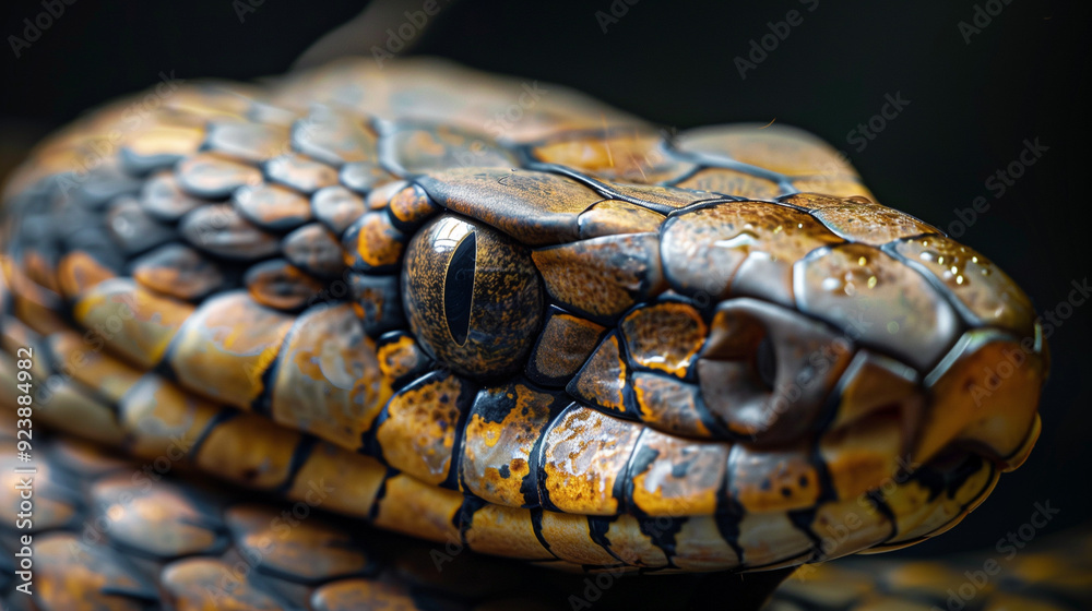 The image shows a close-up of a snake going through the process of shedding. Its skin displays a rich pattern with various shades of brown, yellow, and black The image shows a close-up of a snake going through the process of shedding. Its skin displays a rich pattern with various shades of brown, yellow, and black